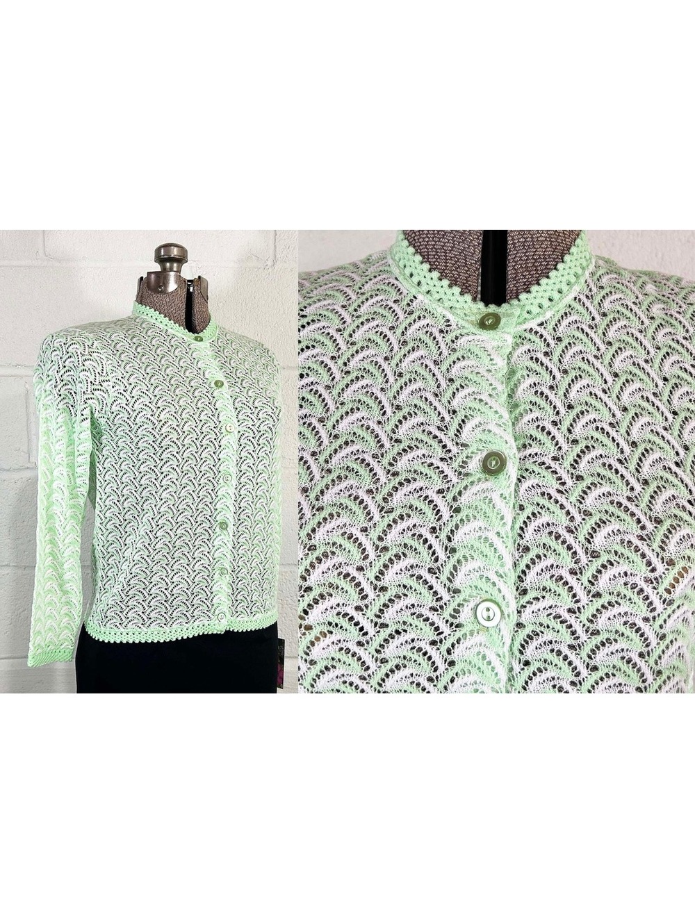 Vintage Mint Green Cardigan Sweater Knit Scallop 1960s Grandmacore Medium
